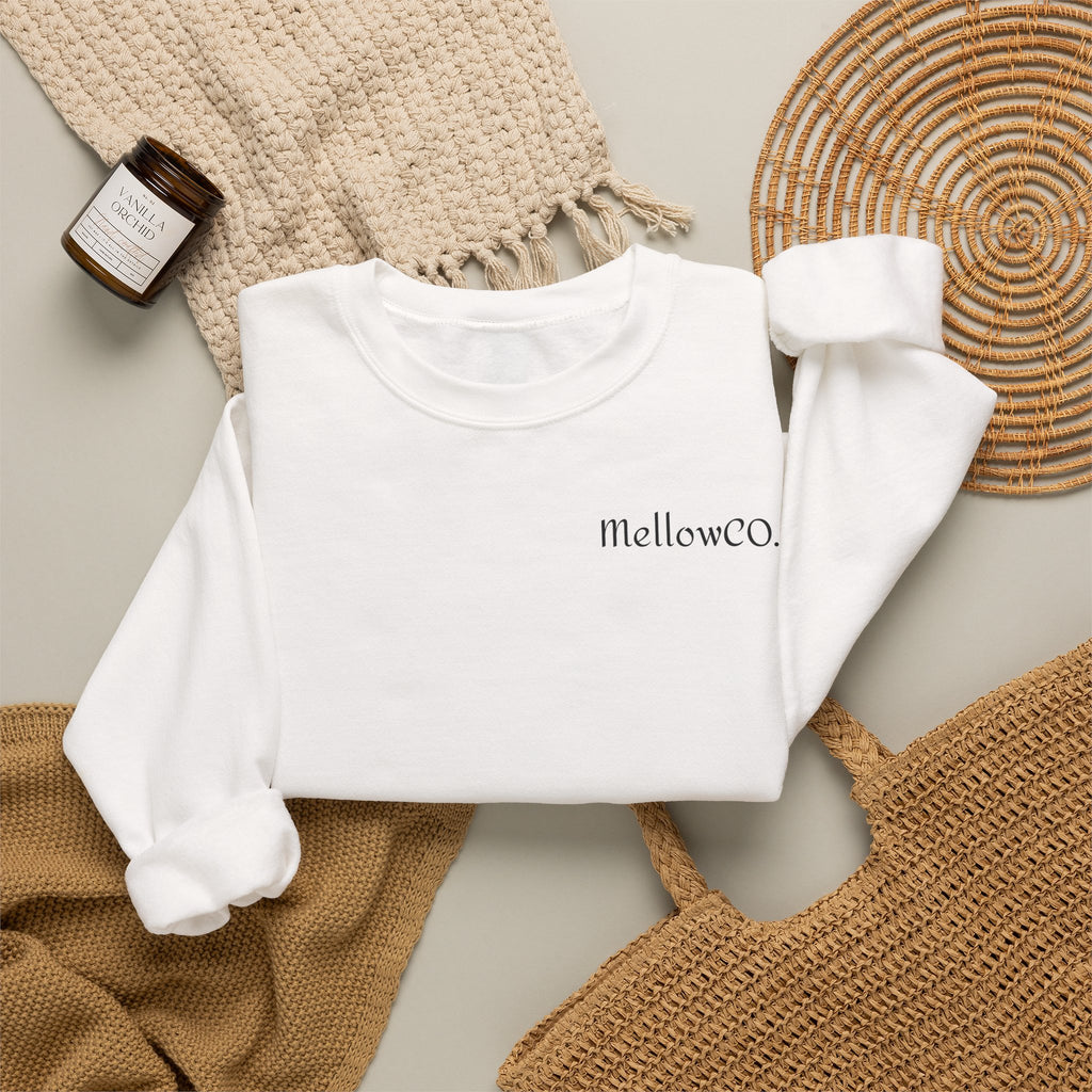Minimal 'Mellow&C0' Crewneck Sweatshirt — Soft White Casual Pullover
