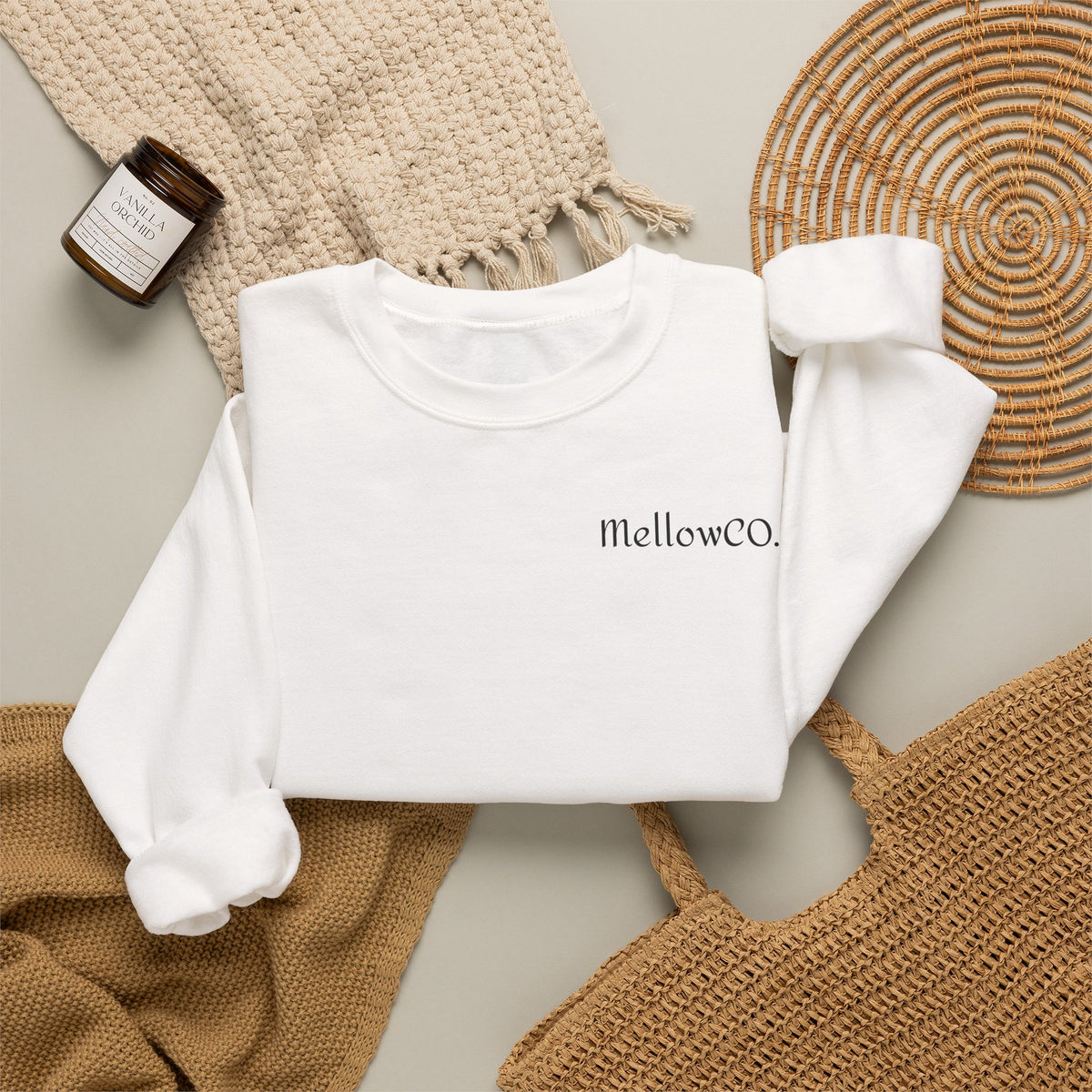 Minimal 'Mellow&C0' Crewneck Sweatshirt — Soft White Casual Pullover