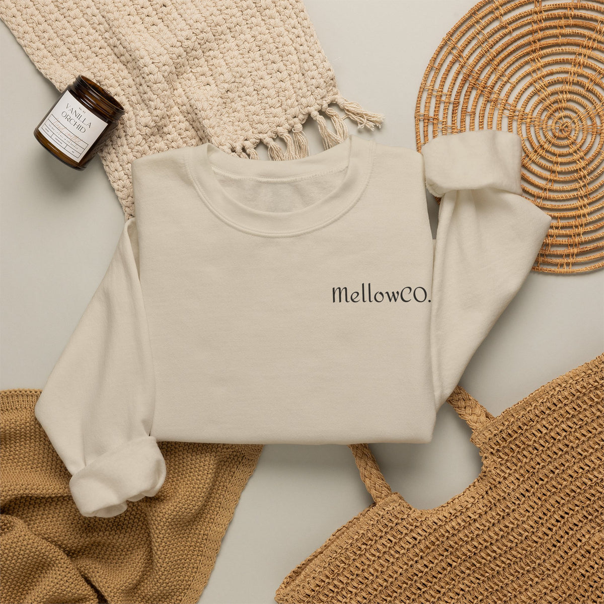 Minimal 'Mellow&C0' Crewneck Sweatshirt — Soft White Casual Pullover